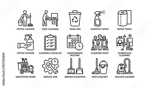 Office hygiene icons: cleaning supplies and maintenance tools