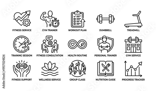 Fitness icons set featuring training, health, nutrition, gym equipment, and wellness services
