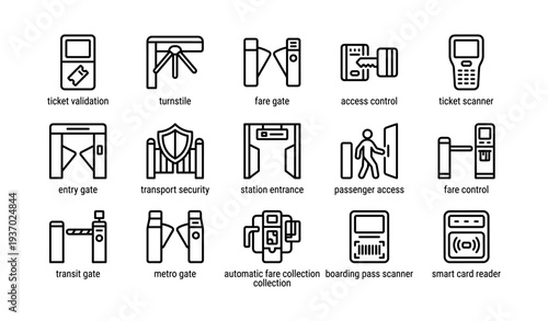 Public transit symbols: turnstile, fare gate, ticket scanner, and security icons