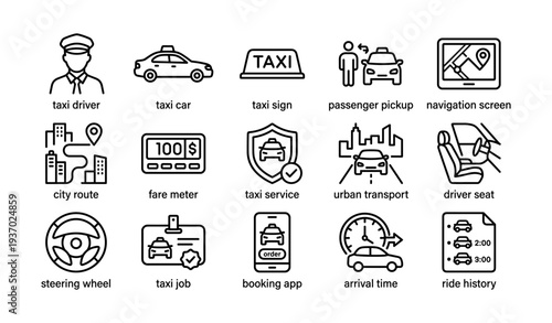 Taxi service icons collection showing various aspects of urban transportation and ride booking