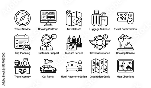 Travel icons set featuring booking platforms, navigation tools, and customer support