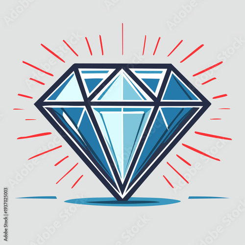 A sparkling blue diamond with red rays on a gray background.