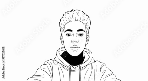 Stylized black and white portrait of a young person in a hoodie