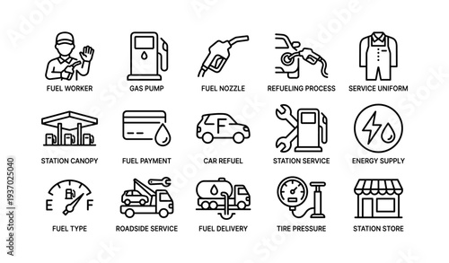 Gas station icons: fuel process, vehicle services, and energy supply symbols