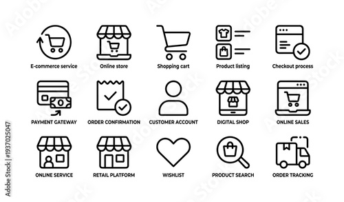 E-commerce icons: shopping cart, storefront, checkout, order tracking, wishlist