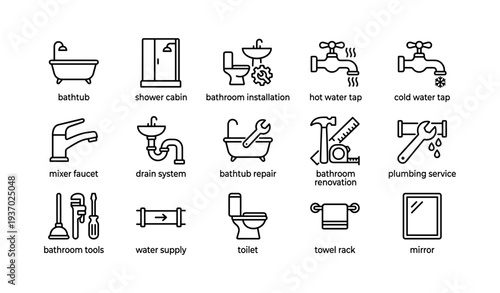 Bathroom icons: bathtub, shower, sink, toilet, plumbing, renovation, tools, water supply