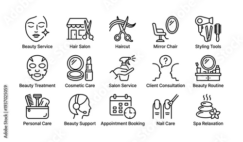 Beauty and salon icon set: haircut, styling tools, personal care services