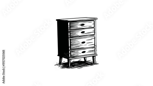 A tall, four-drawer chest in black and white illustration, standing on four legs
