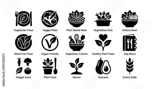 Vegetarian and plant-based icons set: veggie, vegan, healthy food symbols
