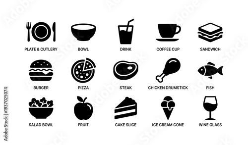 Food and drink icons: plate, bowl, drink, coffee cup, sandwich, burger, pizza