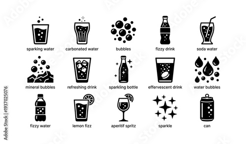 Carbonated beverage icons: sparkling drinks and effervescence symbols