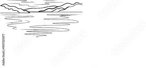 Stylized depiction of distant mountains reflected in calm water