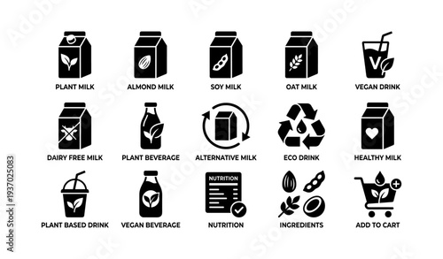 Plant-based beverage icons: almond, soy, oat, vegan, dairy-free options with eco-friendly symbols