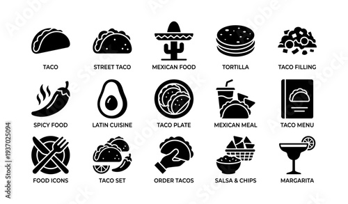 Mexican cuisine icons: tacos, salsa, margarita, spicy food, latin cuisine