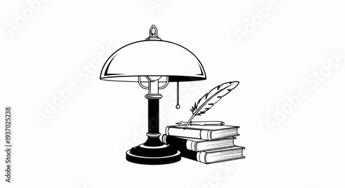 Vintage desk lamp illuminates stacked books with a quill pen