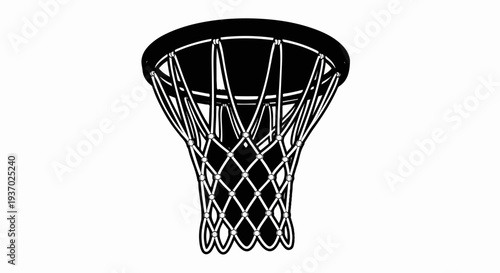 A black and white illustration of a basketball net hanging from a hoop