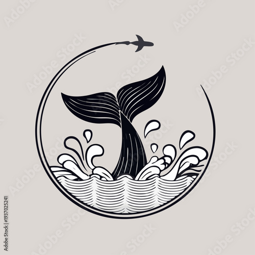 Stylized whale tail emerging from ocean waves with a bird flying overhead.