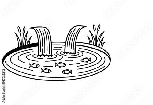 A simplified drawing of two cascading waterfalls into a circular pond with fish