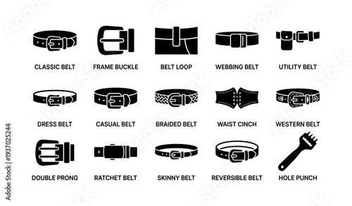 Various belt styles and buckles collection illustrated in black silhouettes