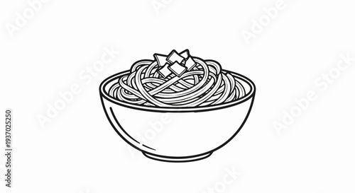 A simple black and white line drawing of a bowl of spaghetti with small cubes on top