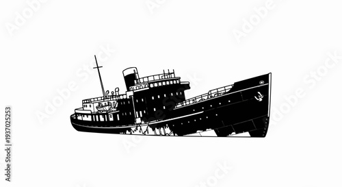 A black and white drawing of a listing ship on its side against a white background