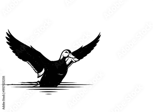 A black and white illustration of a duck taking flight over water