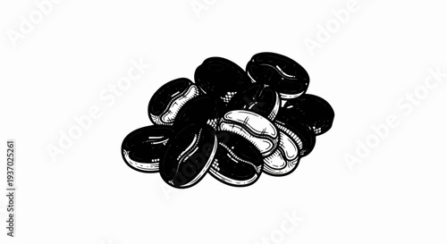 A black and white illustration of a pile of coffee beans