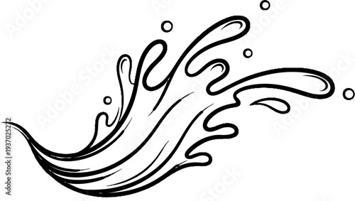 A black and white illustration of a dynamic water splash with droplets