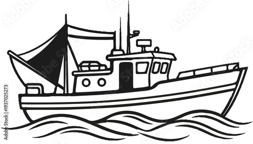 A black and white illustration of a fishing boat sailing on wavy water