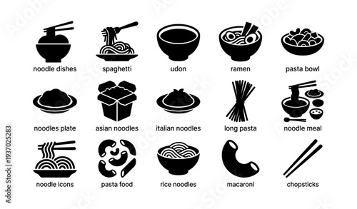 Diverse noodle icons: udon, ramen, pasta, chopsticks, asian and italian dishes