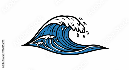 A stylized illustration of a crashing ocean wave in blue and white