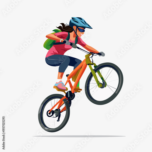 Woman riding a mountain bike, performing a stunt.