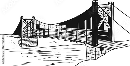 Black and white line drawing of a wooden suspension bridge over water