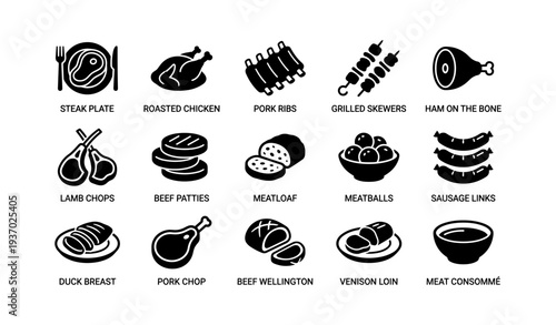 Variety of delicious meat dishes in black silhouette icons on white background