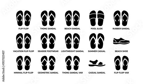 Variety of casual sandals and shoes displayed in black silhouettes