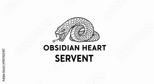 Black and white sketch of a coiled snake with fangs bared, above text