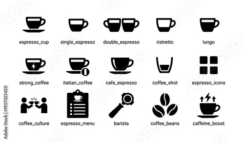 Espresso icons collection: coffee cups, beans, menu, caffeine boost elements
