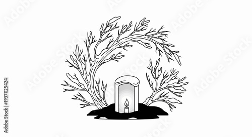 A glowing candle within a protective casing, framed by bare, twisting branches