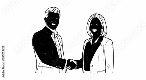A man and woman in suits shake hands with smiles
