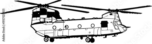 A side profile line art illustration of a tandem rotor heavy-lift helicopter