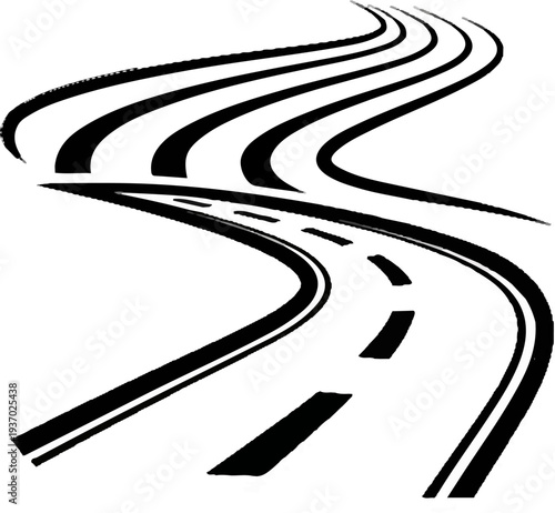 Winding black and white road with dashed lines curves into distance