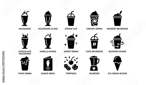 Assorted milkshake icons: chocolate, vanilla, blended, toppings, ice cream