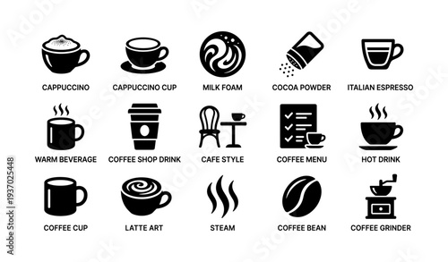 Coffee icons set: cappuccino espresso latte art bean grinder menu