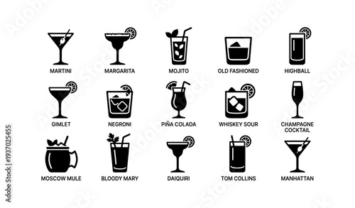 Cocktail icons: martini, margarita, mojito, old fashioned, highball, and more