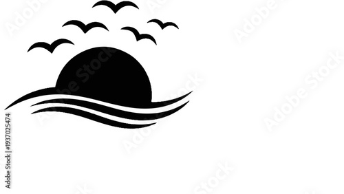A minimalist silhouette of a sun setting over waves with birds flying
