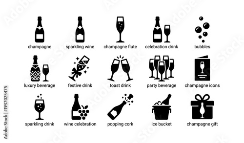 Champagne icons set: sparkling wine, celebration glasses, festive drinks and toasting symbols