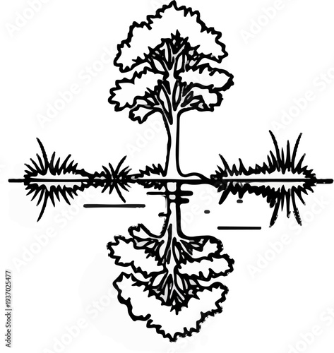 Symmetrical illustration of a tree with roots and grass reflected below