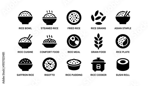 Variety of rice icons: bowls, grains, meals, cooker, sushi, comfort cuisine