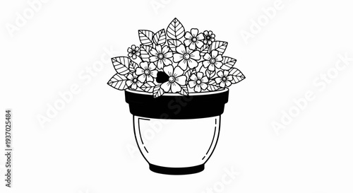 A monochrome drawing of a pot filled with blooming flowers and leaves