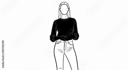 Black sweater & jeans, minimalist outline of a woman